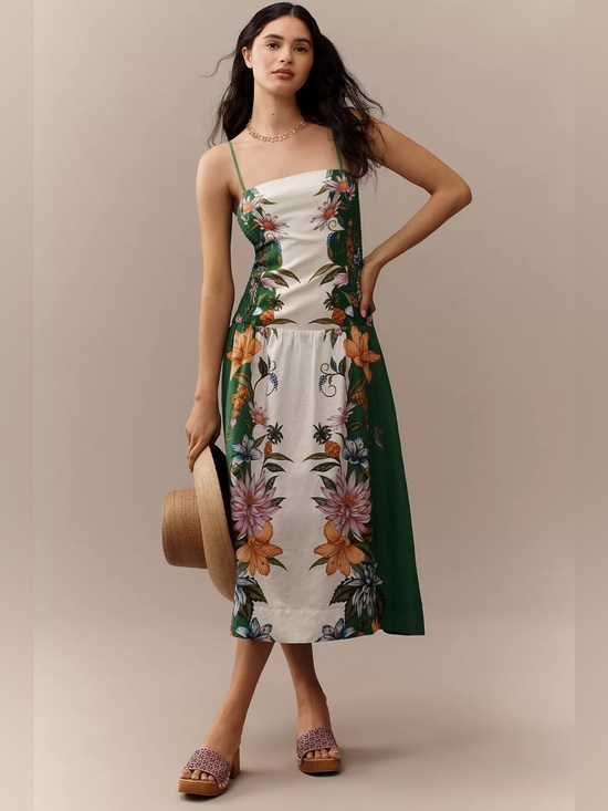 FARM Rio Dresses & Skirts - Farm Rio Sweet Bloom Dreamscape Linen Blend Midi Dress Green Floral XS SN332217
